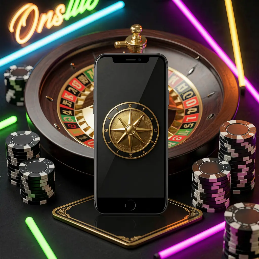 SG99 mobile casino app scene featuring a phone in the center with a roulette wheel and poker chips in the background illuminated by glowing neon lights in a premium black and gold style