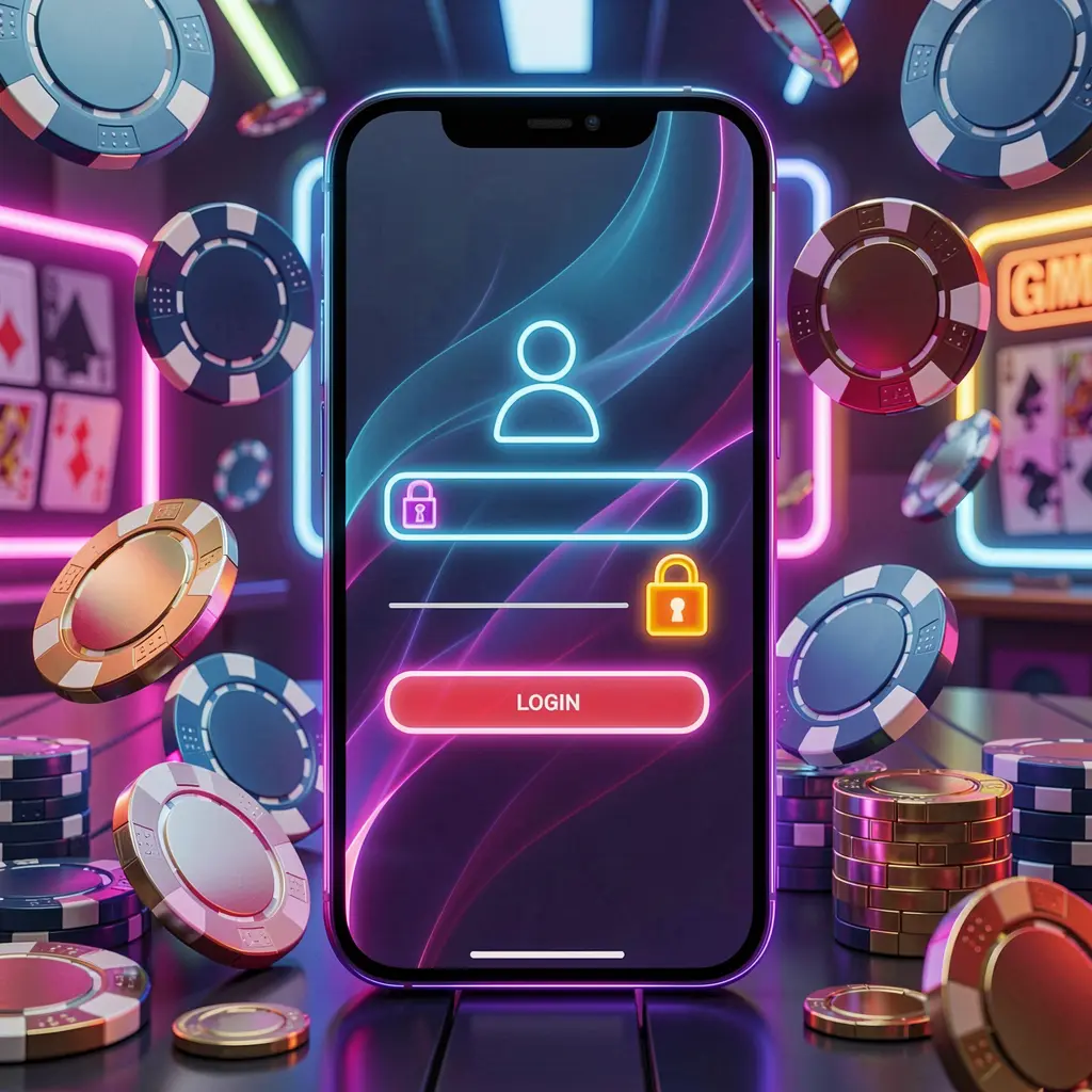 SG99 mobile gaming login page concept on smartphone with abstract login interface, user and lock icons, surrounded by casino chips and coins under luxury neon lighting
